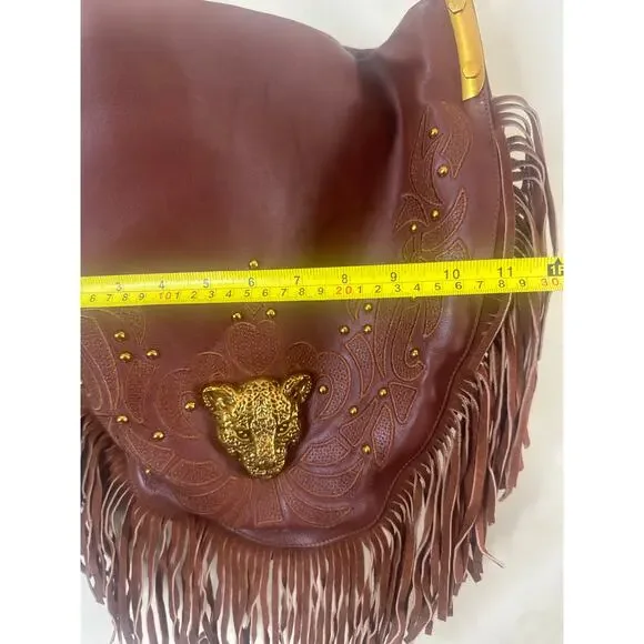 SHARIF Brown Goat Leather & Fringe with Metal Cougar Head Hobo Purse - Picture 3 of 6